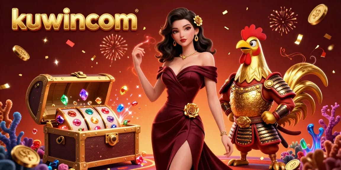 Kuwincom showcases vibrant gaming excitement with glamorous characters and casino elements bursting with color.