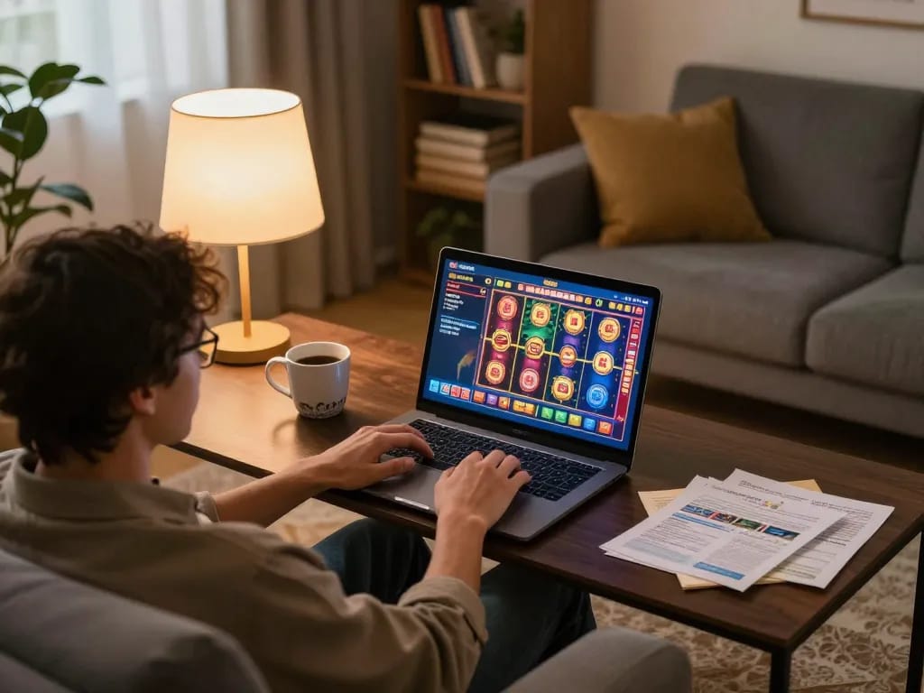 Engaging online gaming session on fly88mx, person using laptop with vibrant slot game interface in a cozy setting