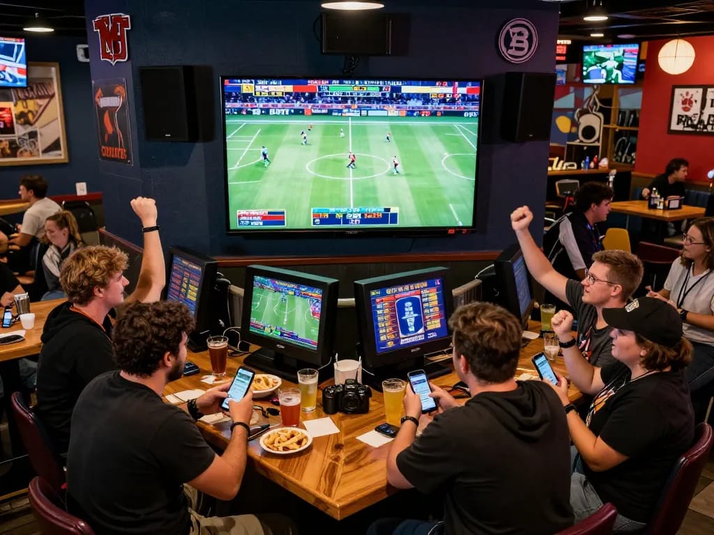 Fans engaging in debet sports betting at a lively bar, with screens showing live games and excitement.