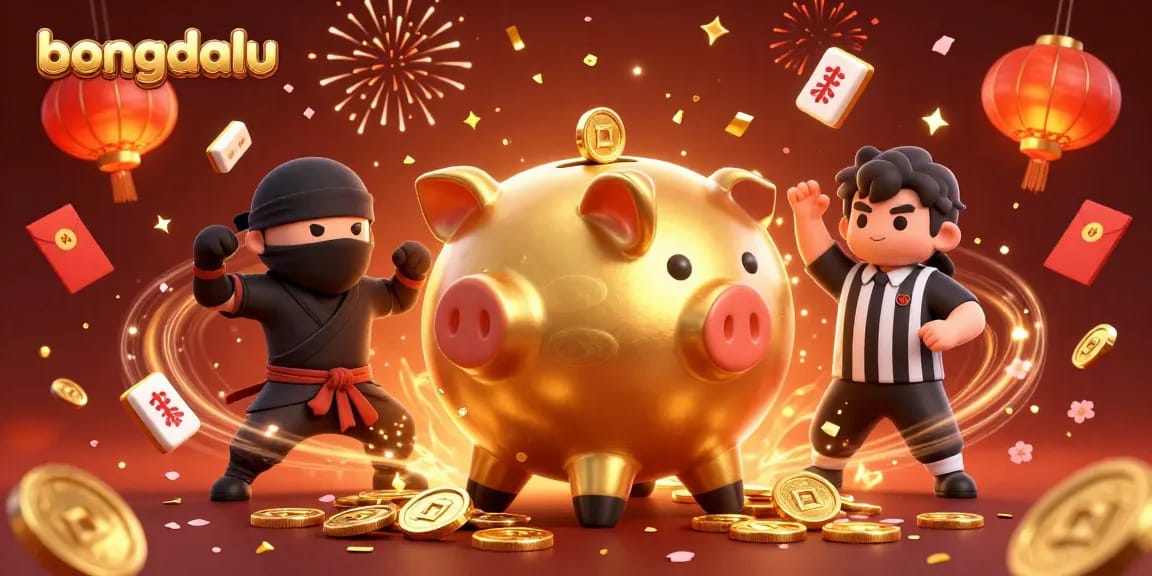 Engage with the thrilling action at bongdalu as a vibrant scene unfolds with a golden piggy bank sumo wrestler, wallet-ninja, and credit-card samurai surrounded by festive gambling elements.