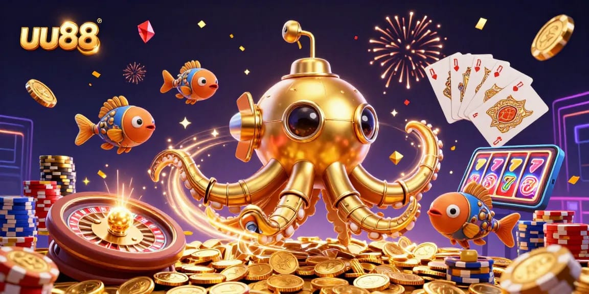 uu88 gamifies the casino experience with golden elements, spinning roulette, and slot reels.