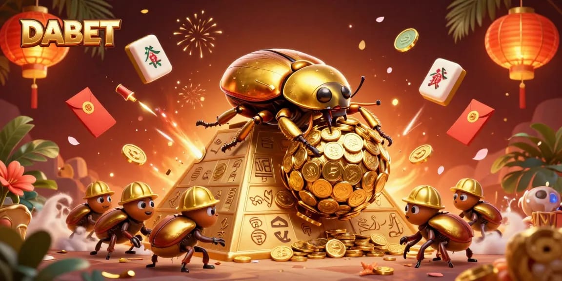 DABET showcases an animated golden beetle rolling coins up a pyramid in a vibrant casino theme.