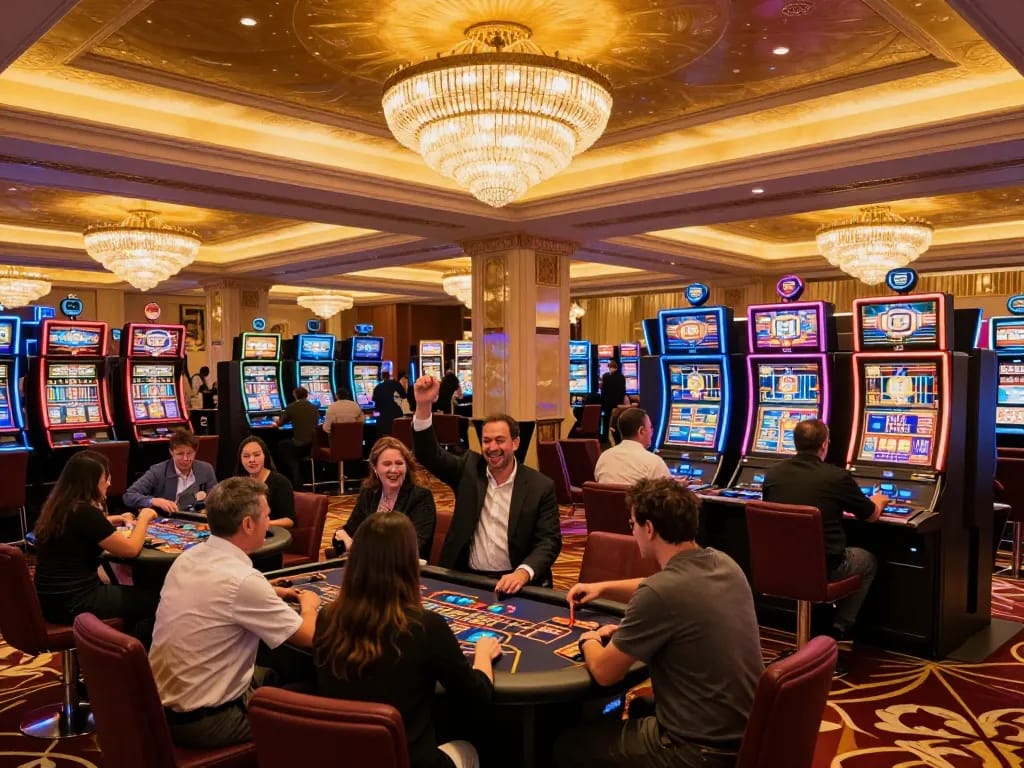 Players enjoying the excitement at NK88 casino with vibrant games and luxurious decor