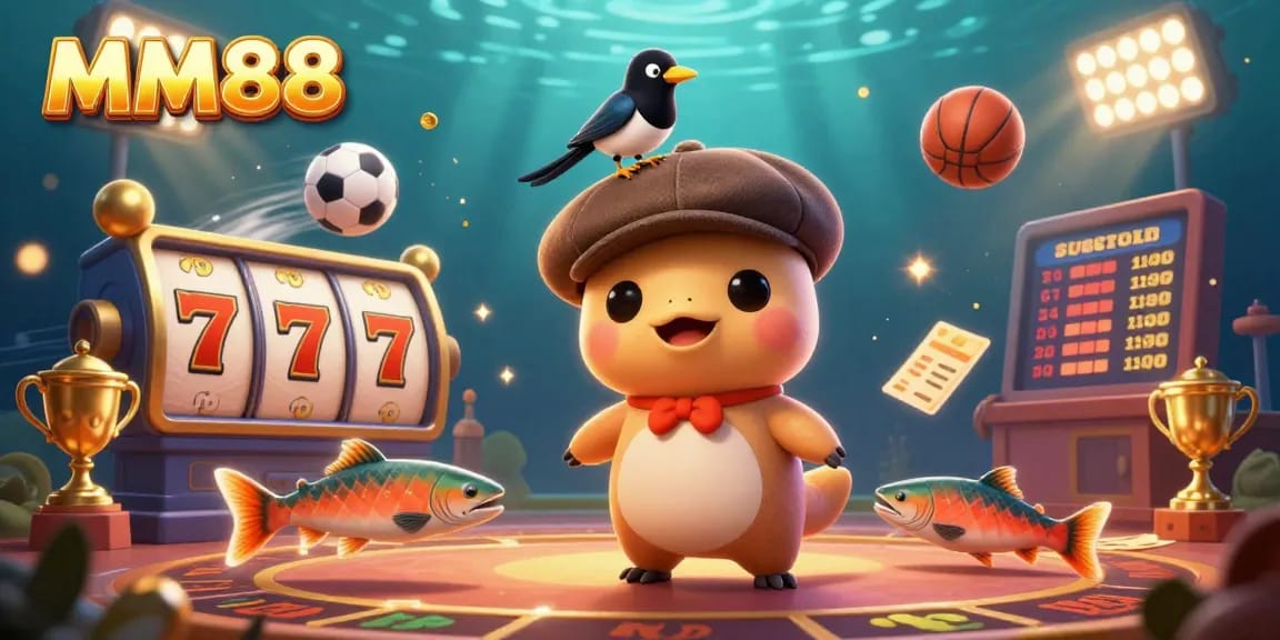 Experience the excitement of MM88 casino games with playful characters and dynamic elements in a vibrant scene.