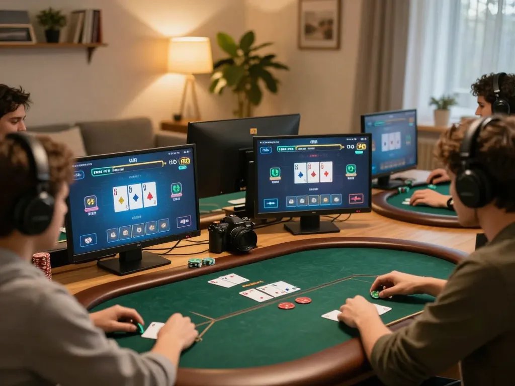 S88 online poker players strategizing in a cozy home setting, showcasing interactive gaming experience.