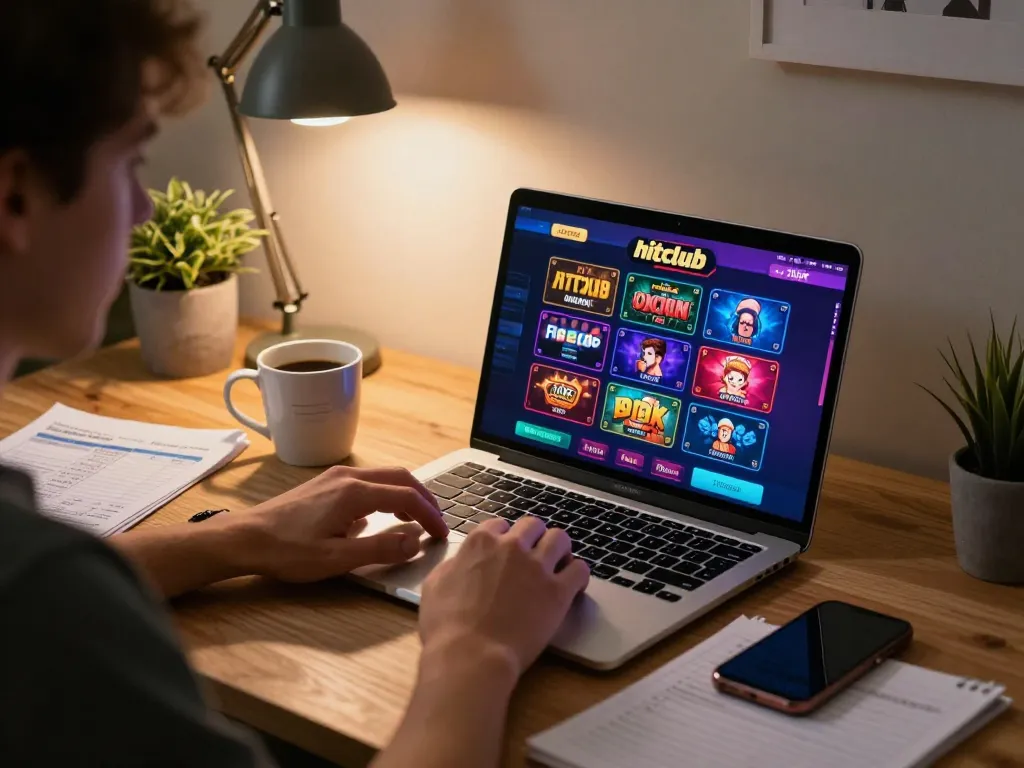 Player exploring hitclub online casino games with strategy notes at a cozy home desk.