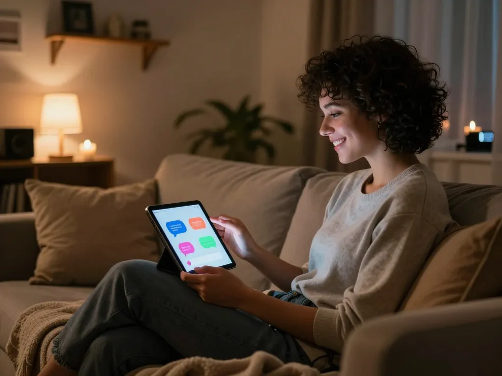 Engaging with AI sex chat on a tablet in a cozy, intimate room.