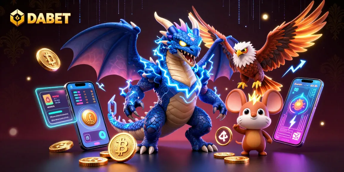DABET casino illustration featuring a dynamic dragon, hawk, and thunder mouse with crypto themes.