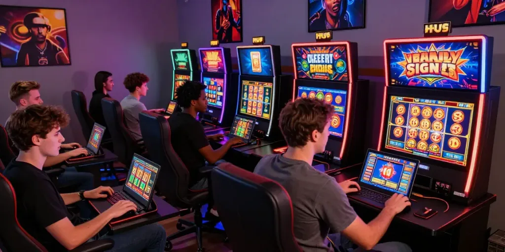 Players enjoying colorful slot games at non gamstop casinos in an energetic gaming environment with vibrant lighting.