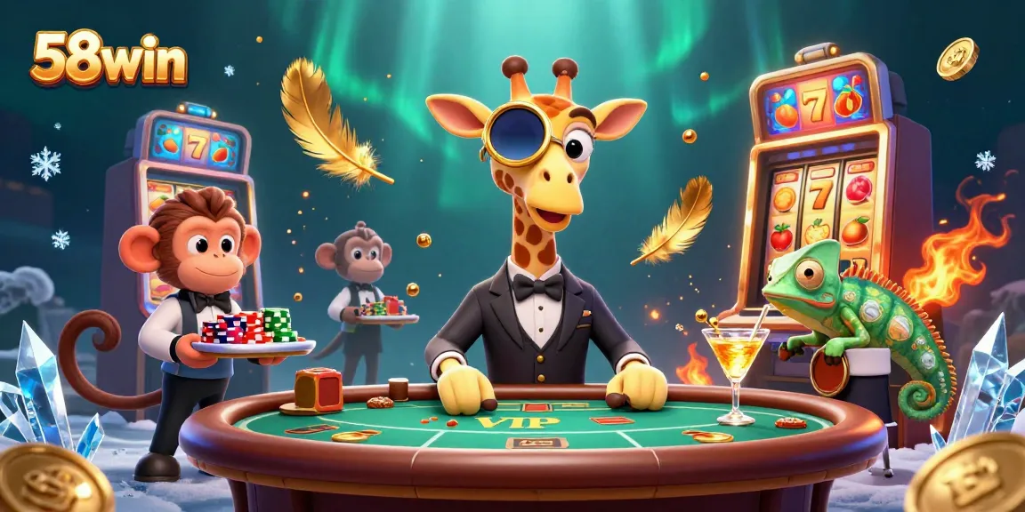 Experience thrilling gameplay with 58win's vibrant casino scene featuring a high-roller giraffe and dynamic elements.
