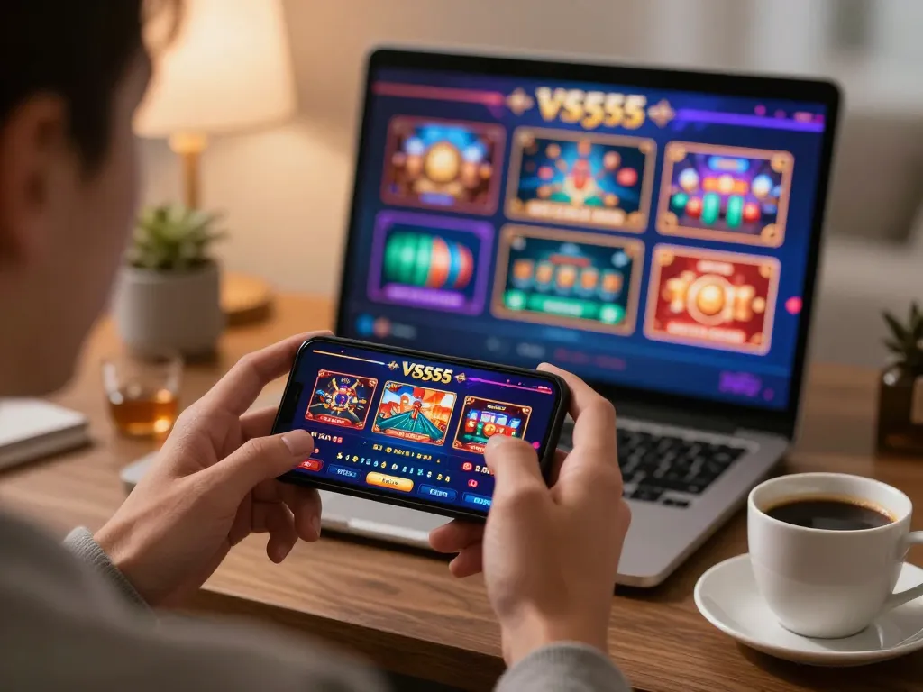 Experience the thrill of mobile gaming with the VS555 Casino app in a cozy home setup