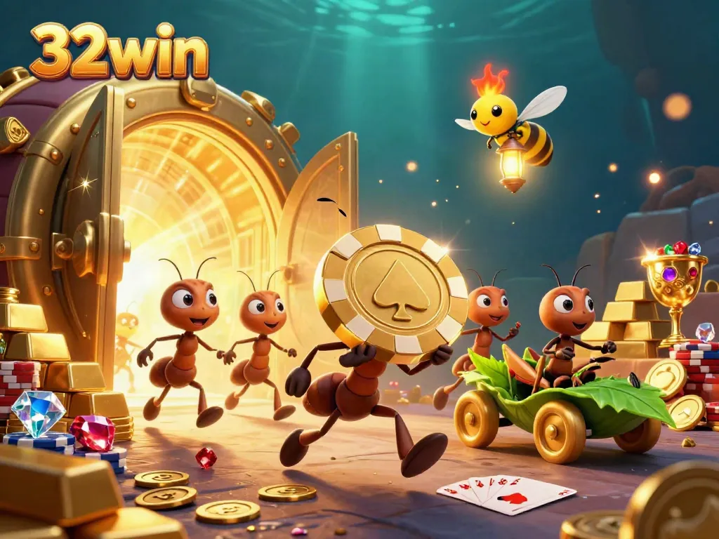 Engage in thrilling action with 32win as ants execute a heist, capturing golden poker chips amidst treasure