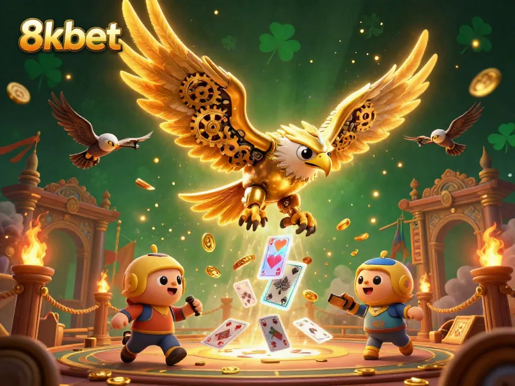 8kbet showcases an ultra-detailed 3D casino scene with a golden eagle diving through cards and dynamic elements.