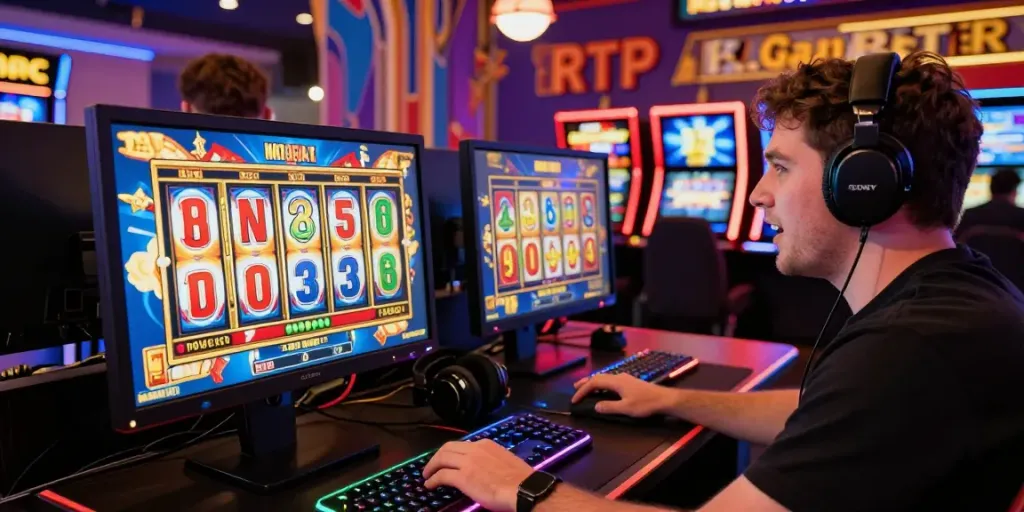 Engaged player exploring non gamstop casinos with vibrant slot games and immersive setup.