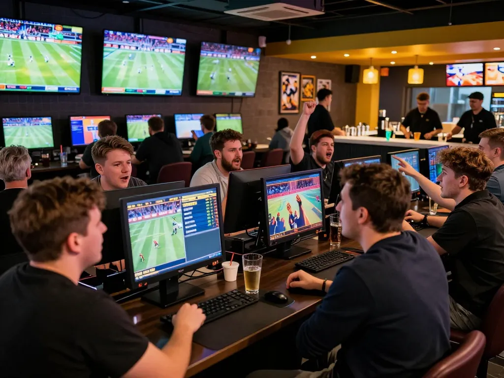 Engaged bettors placing wagers at a vibrant sports betting lounge featuring keonhacai events.
