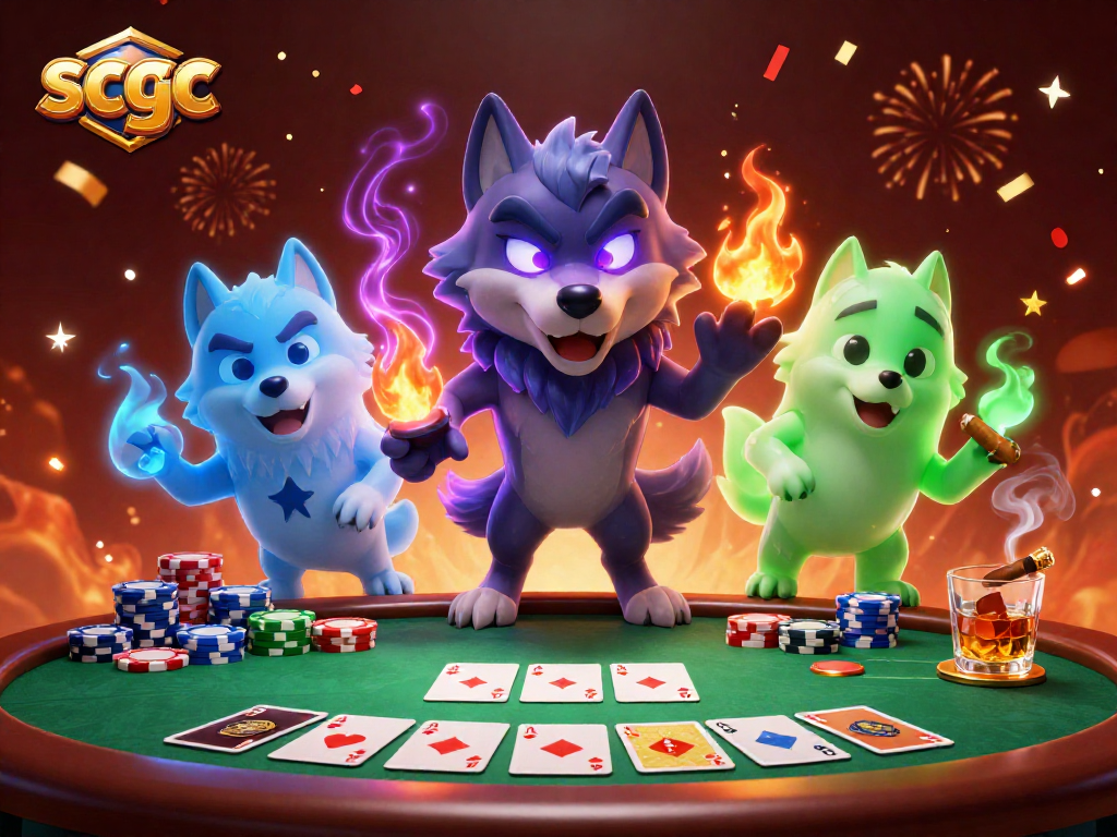 Experience the excitement of scgc with glowing wolf leaders at a vibrant casino scene.
