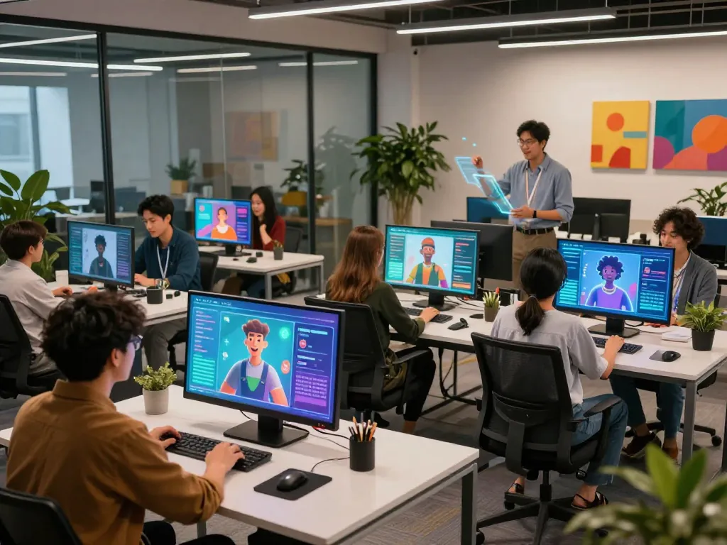 Users engaging with Crushon AI characters in a vibrant modern workspace, showcasing creativity and tech.