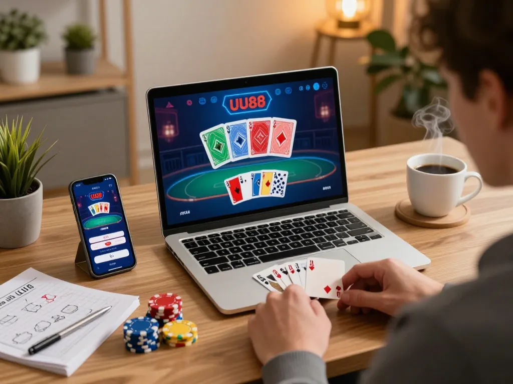 Engaged user playing poker online on UU88 from a cozy home setup with coffee and strategy notes.