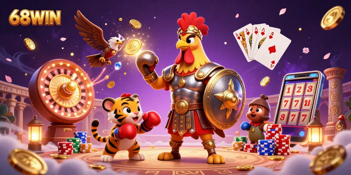 Winning with 68WIN: A dynamic casino scene showcasing a gladiator rooster and action elements.