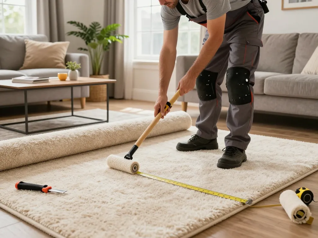 Professional carpet fitters near me installing cozy carpet in a beautifully lit living room.
