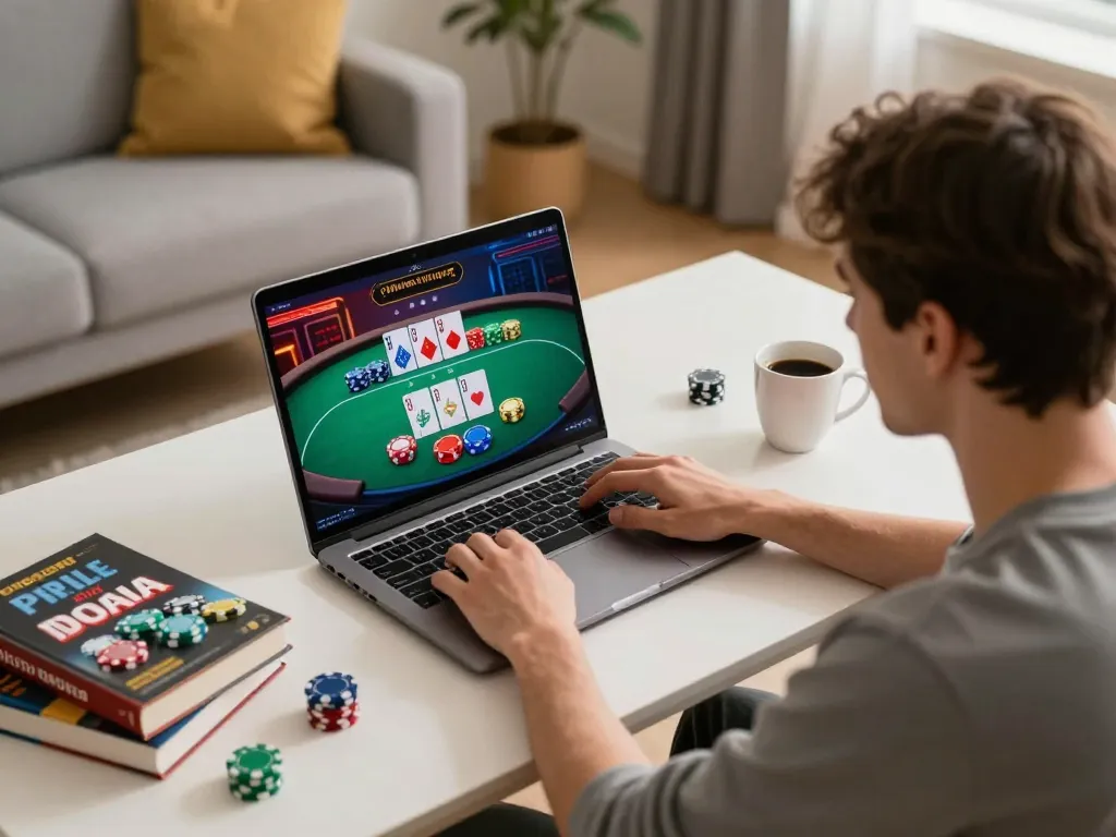 Player engaged in online casino gaming on a laptop, featuring 8day gaming interface and strategic tools.