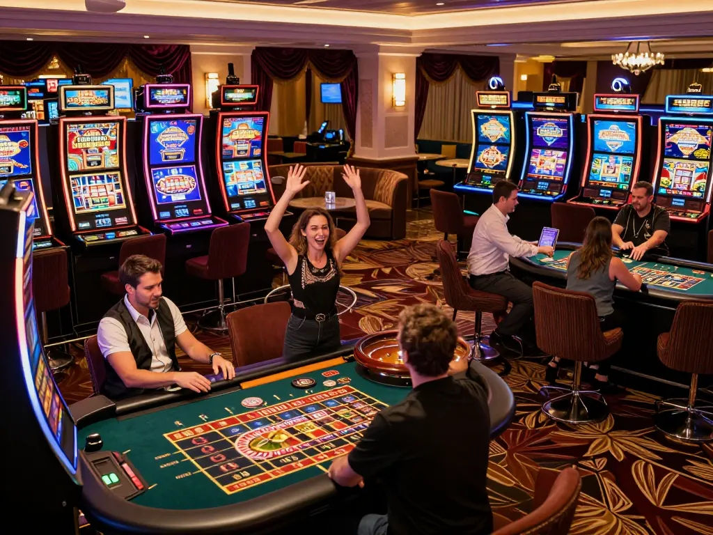 Player celebrating a win at iwin club with vibrant slot machines in a luxury casino setting.