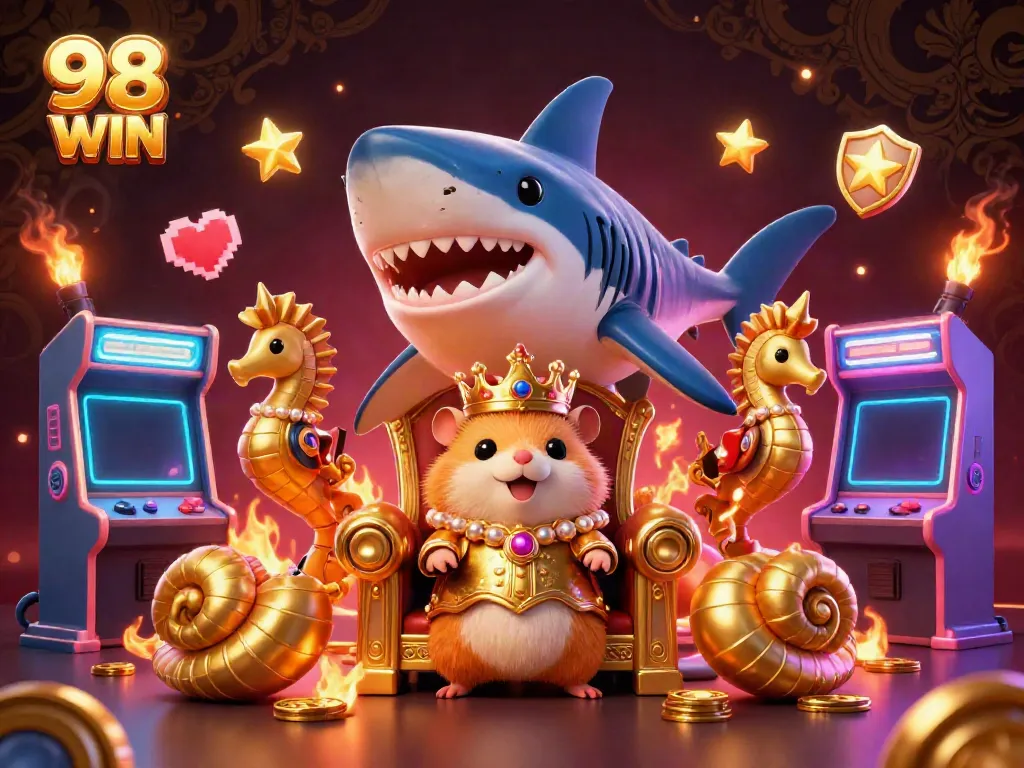 Join the tiny golden hamster king on his megalodon throne at 98 WIN's colorful casino games, surrounded by seahorse guards.
