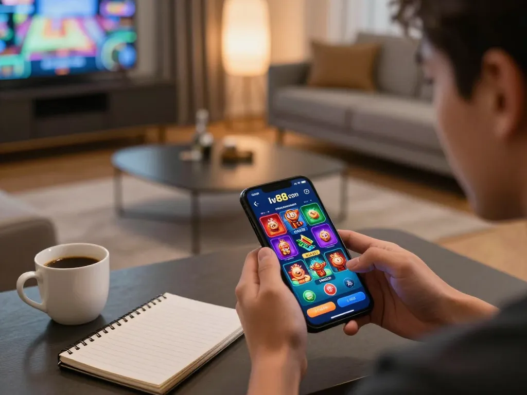 Playing casino games on the lv88 com app with a smartphone in a cozy atmosphere