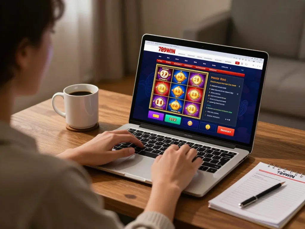 Engaging in online casino gaming with 789WIN on a laptop, showcasing a cozy home setting.
