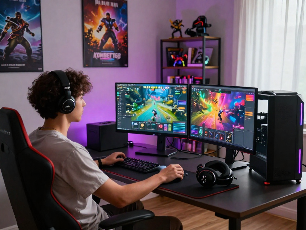 KOMBET168 gaming scene showcasing a vibrant setup with high-end PC, multiple monitors, and gamer in action.