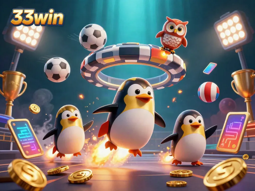 Experience thrilling wins with 33win featuring a golden penguin soaring towards a casino space station amidst vibrant sports elements.