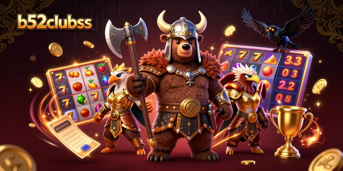 B52clubss features a Viking berserker and Valkyrie celebrating slot wins amidst golden trophies and coins.