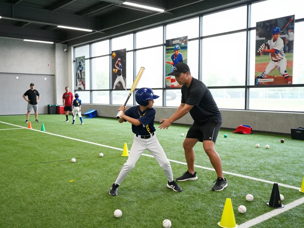Hitclub baseball training scene with young athlete focused on hitting, coach guiding in bright indoor facility
