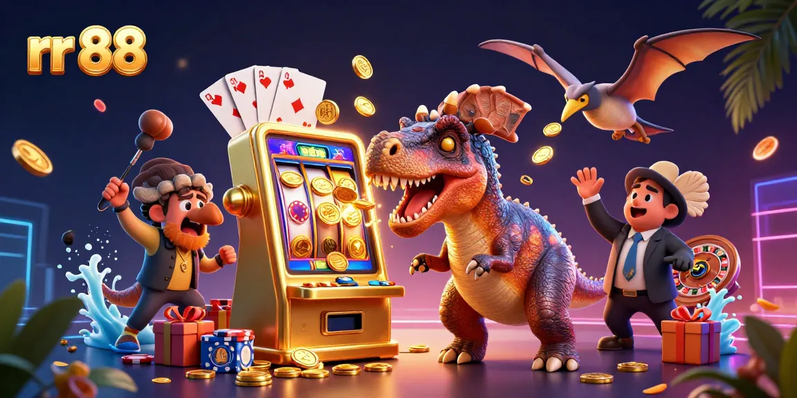 Win big at rr 88 as a pachycephalosaurus hits a jackpot slot with flying coins.