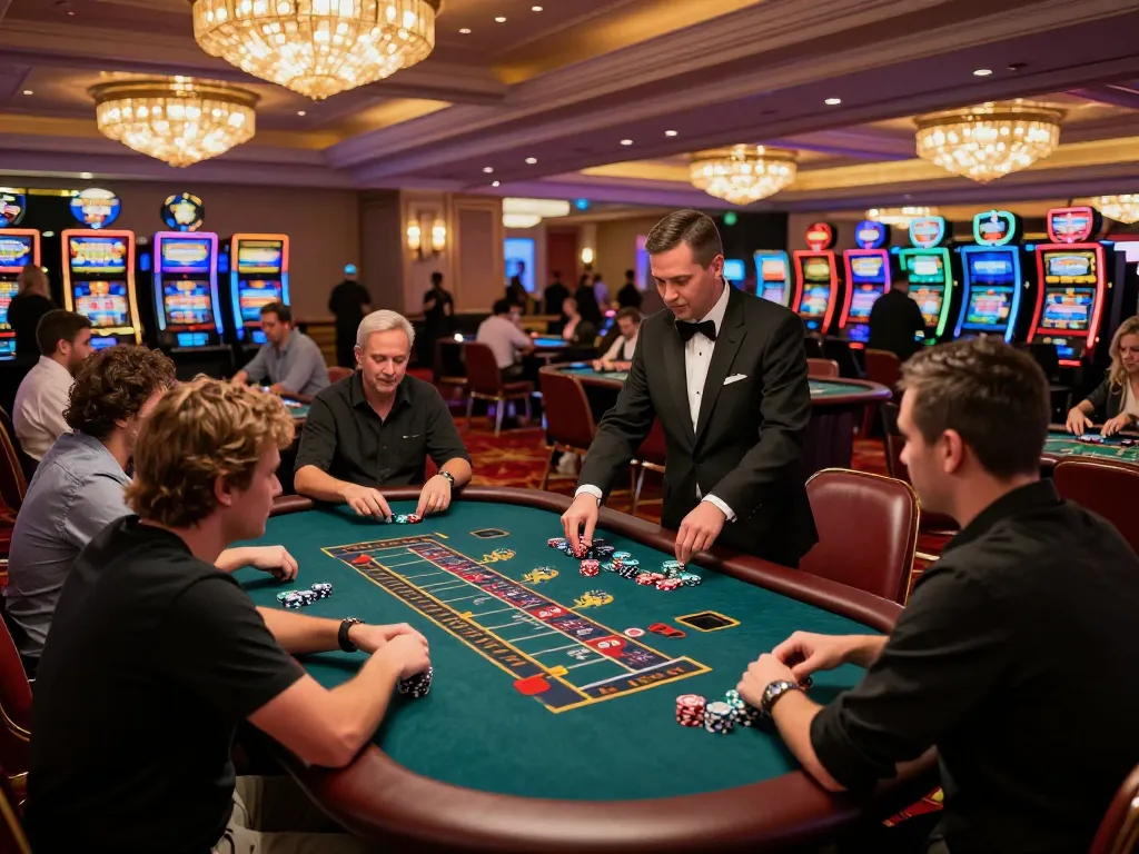 MM88 casino floor with players engaged in poker and roulette games surrounded by vibrant atmosphere