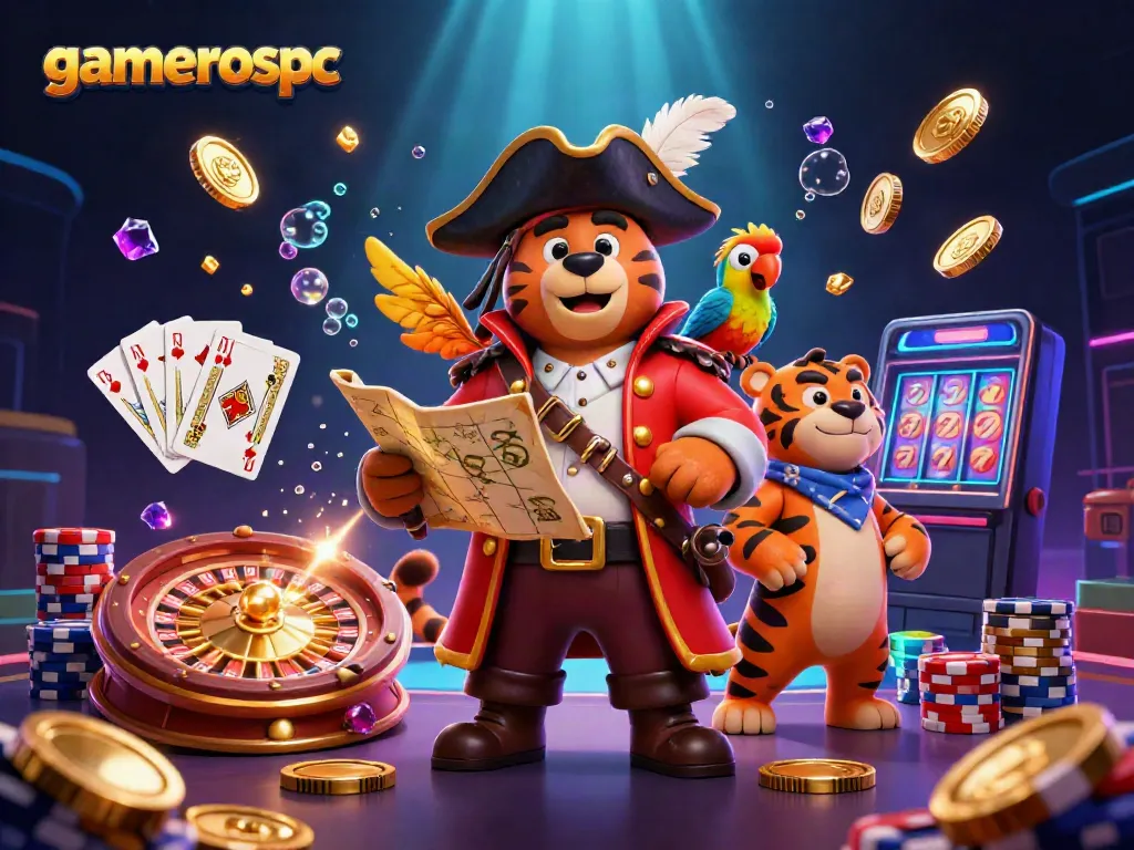 Experience thrilling gameplay at gamerospc with vibrant casino elements, golden coins, and interactive characters.