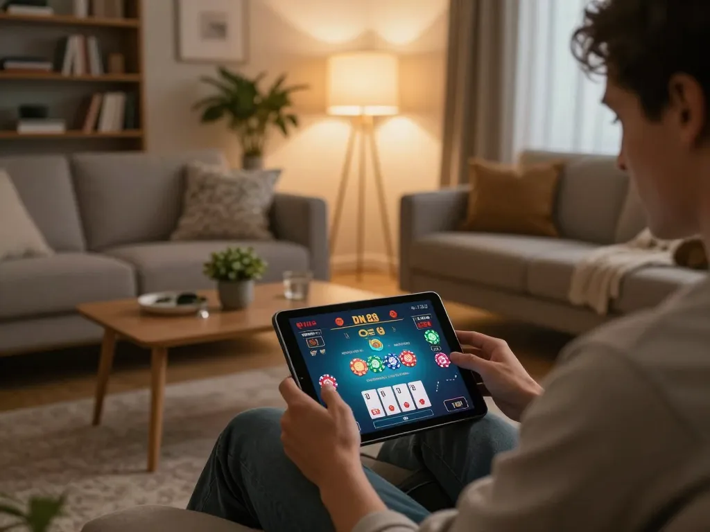 Play DN 88 casino games on a tablet in a cozy living room setting with engaging gameplay visible