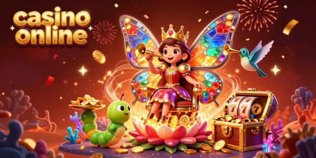 Experience the excitement of casino online with a butterfly queen and vibrant gaming elements in this vibrant scene.