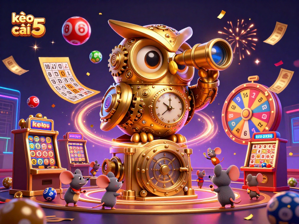 Engage in thrilling action with kèo nhà cái 5 at a vibrant casino scene featuring a golden owl.