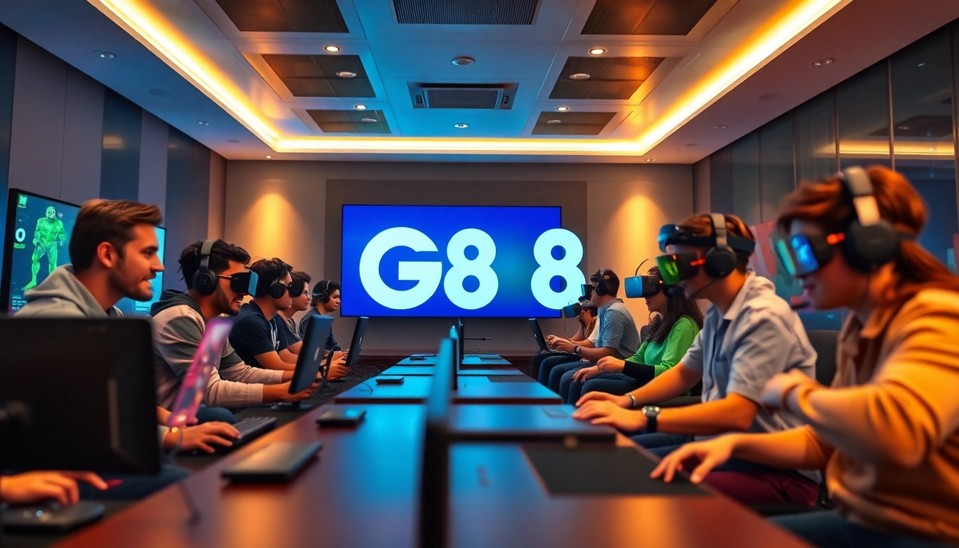 Tải g88 - An engaging online gaming scene showcasing diverse players enjoying their gaming experience in a stylish setup.