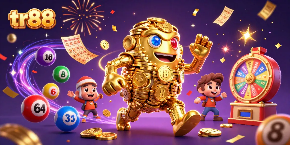Spin to win at TR88 with vibrant lottery and casino elements surrounding a golden golem.