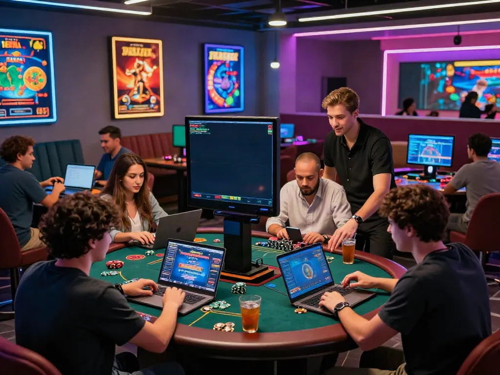 Players enjoying online credit card casinos in a vibrant gaming lounge atmosphere.