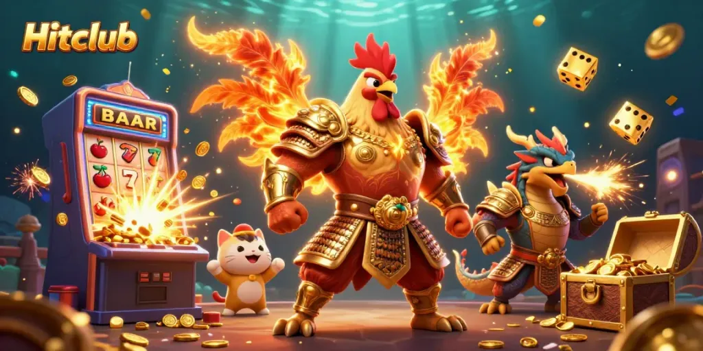 Play thrilling games at Hitclub with a dynamic casino scene featuring a samurai rooster and dragons.