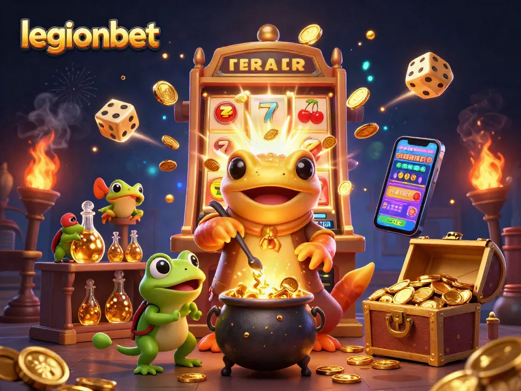 Experience the excitement at legionbet with a vibrant scene of golden alchemy and jackpot symbols.