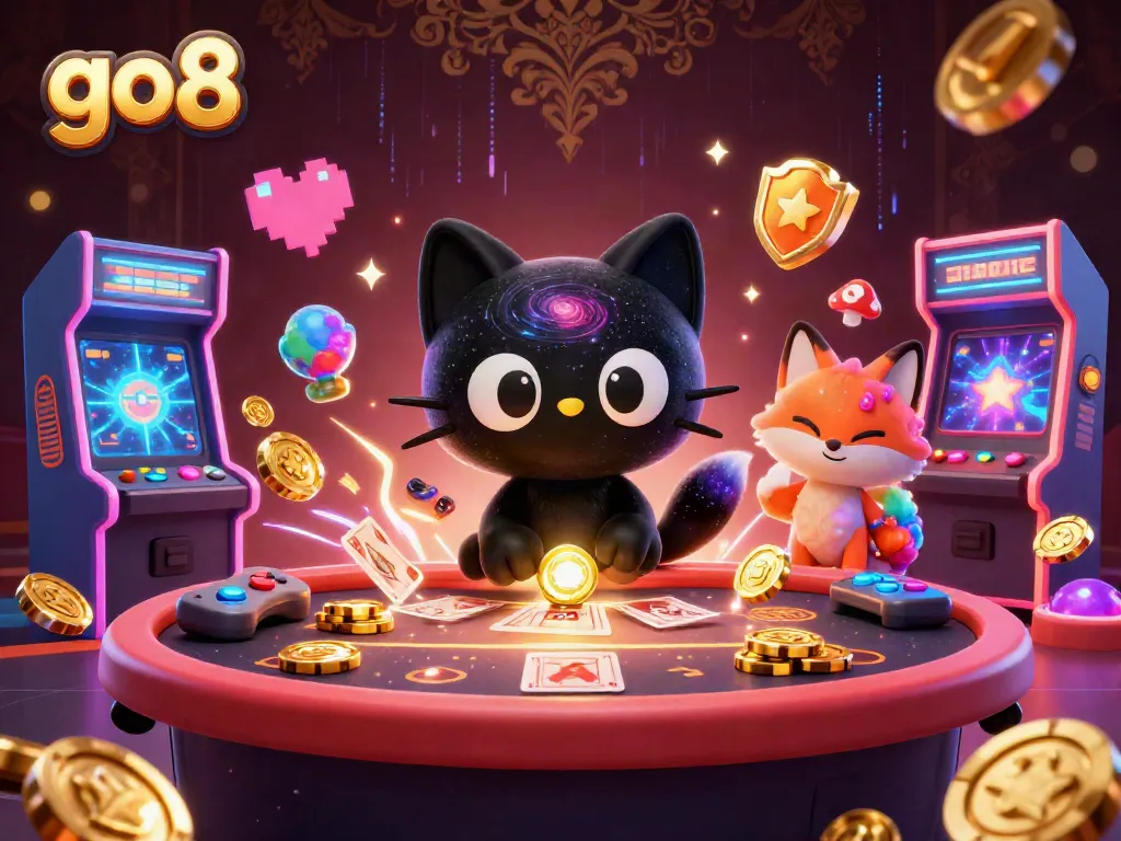 Engage with the cosmic casino world of go8 featuring a 3D black hole cat and nebula fox surrounded by vibrant gaming elements.