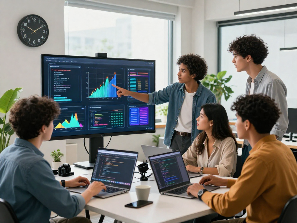 Young professionals engaging with AI technology in a modern workspace for ia +18 interactions.