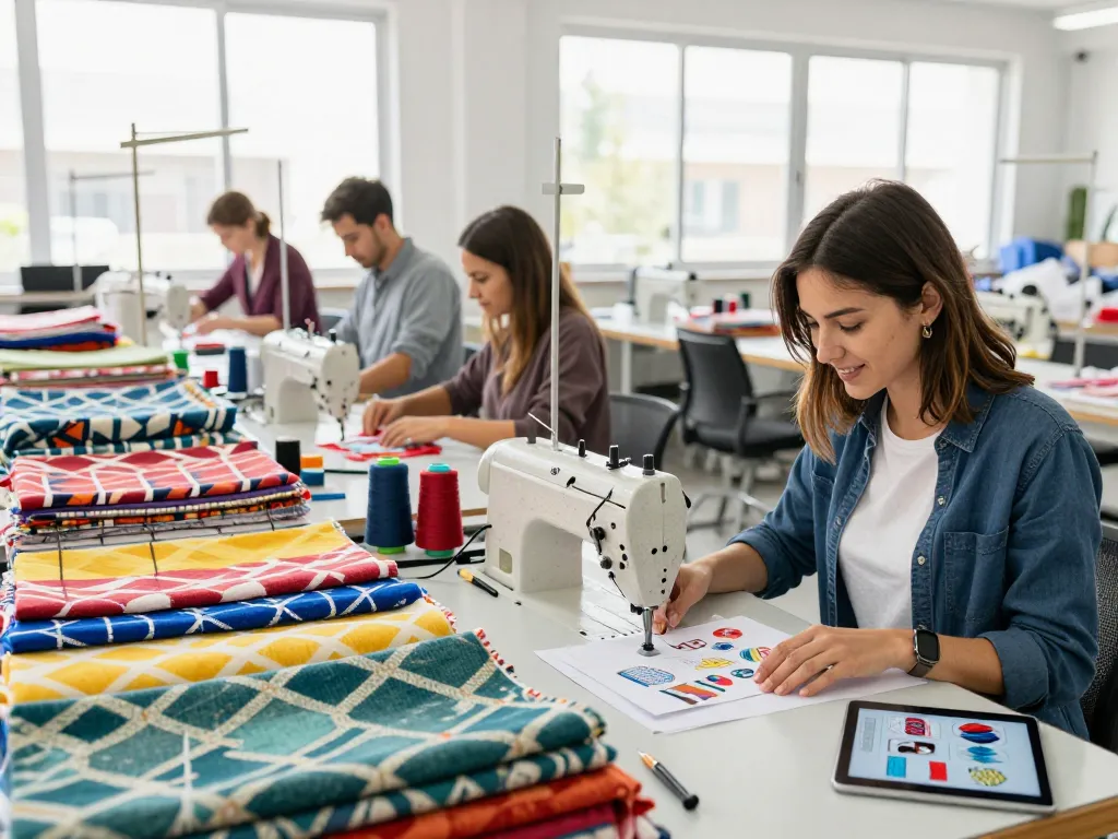 Sunwin textile manufacturing scene with workers creating vibrant home decor fabrics