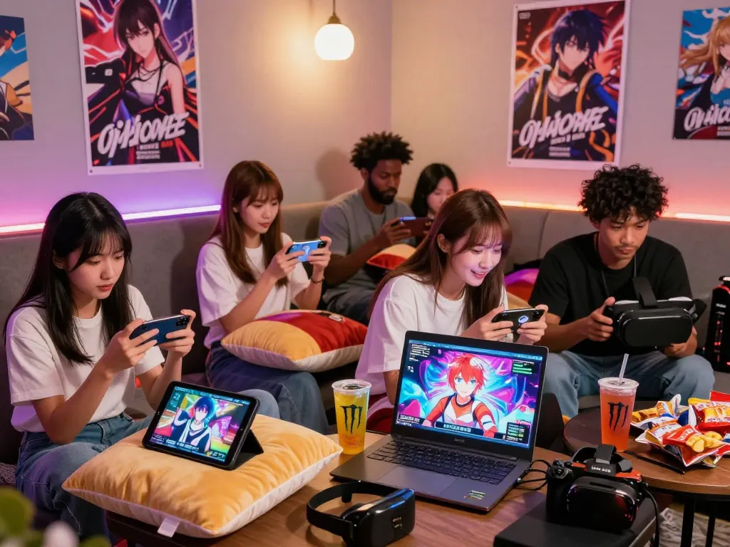Engaged gamers enjoying popular porn games in a cozy lounge