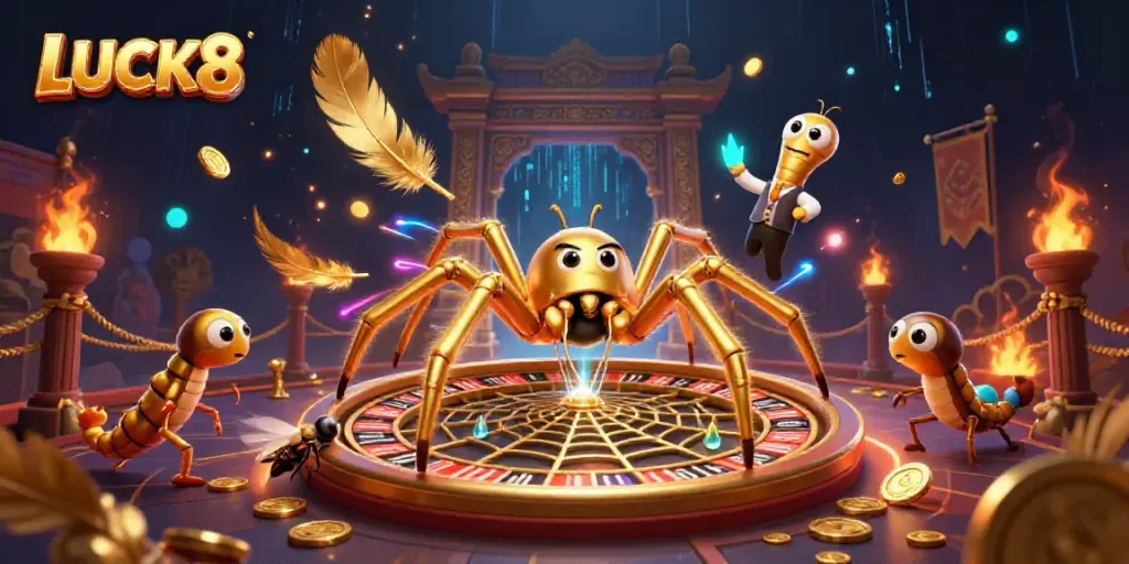 Experience the excitement of LUCK8 with a golden spider spinning a roulette web while a fly places bets.