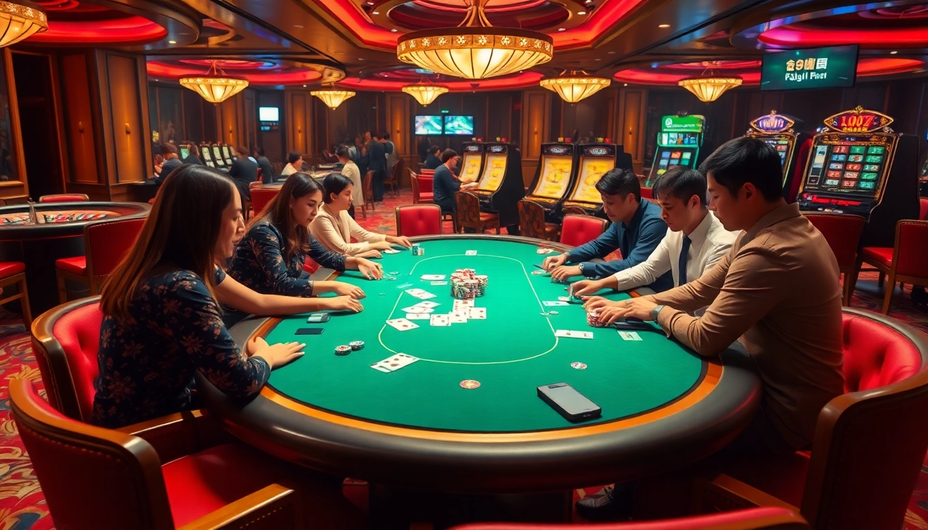 Excited players enjoying Game bài 98win at a luxurious online casino table with vibrant lighting.